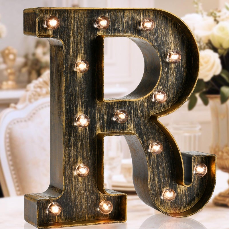 OYCBUZO Golden Black Led Marquee Letter - Industrial, Vintage Style Light Up Alphabet Letter Sign for Cafe Wedding Birthday Party Christmas Lamp Home Bar Initials Decor - R - Image 1